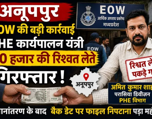 PHE परासिया डिवीजन के कार्यपालन यंत्री 30 हजार रुपये की रिश्वत लेते अनूपपुर में गिरफ्तार